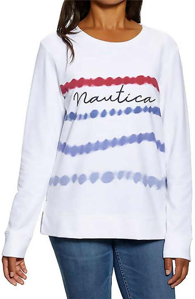 Nautica Women's Long Sleeve Crewneck Pullover, Bright White, XS